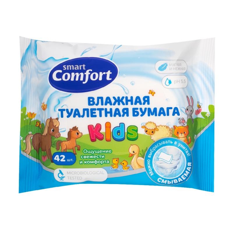 Влажная туалетная бумага детская смываемая с ромашкой Smart Comfort Kids, 42 шт.