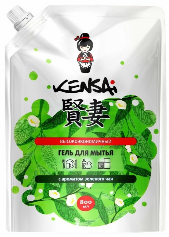 Гель высокоэкономичный для мытья посуды и детских принадлежностей, с ароматом зеленого чая, Kensai 800 мл (мягкая упаковка)