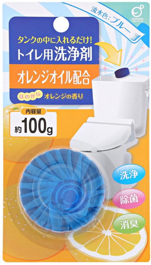 Очищающая и дезодорирующая таблетка для бачка унитаза, окрашивающая воду в голубой цвет (с ароматом апельсина) Okazaki, 100 г