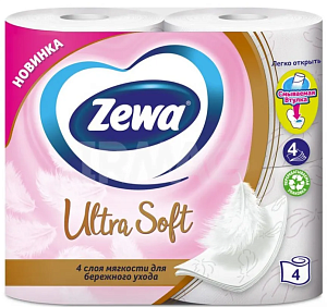 Туалетная бумага Белая четырёхслойная Ultra Soft, Zewa 4 рулона