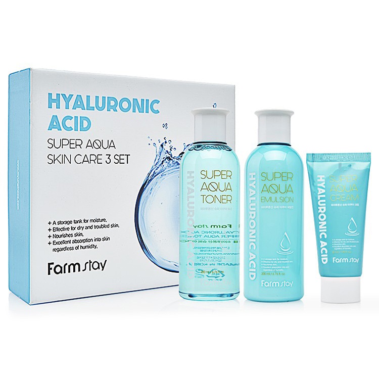 Набор средств по уходу за кожей с гиалуроновой кислотой Hyaluronic Acid Super Aqua Skin Care 3 set, FarmStay, 200 мл*200 мл*50 мл