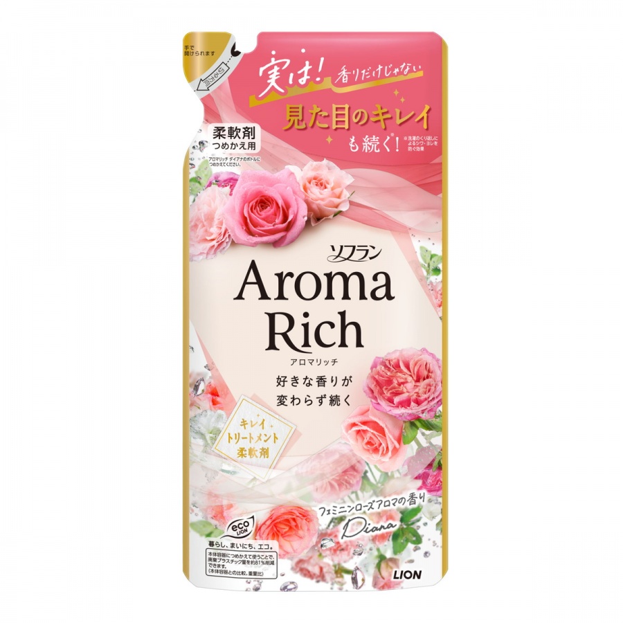 Кондиционер для белья c ароматом малины, английской розы и магнолии, Aroma Rich Diana, LION, 380 мл (мягкая упаковка)