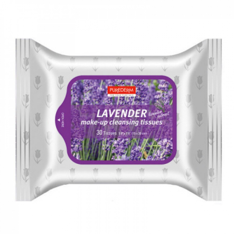 Салфетки очищающие для снятия макияжа с экстрактом Лаванды LAVENDER MAKE-UP CLEANSING TISSUES, Purederm, 30 шт, 30 г